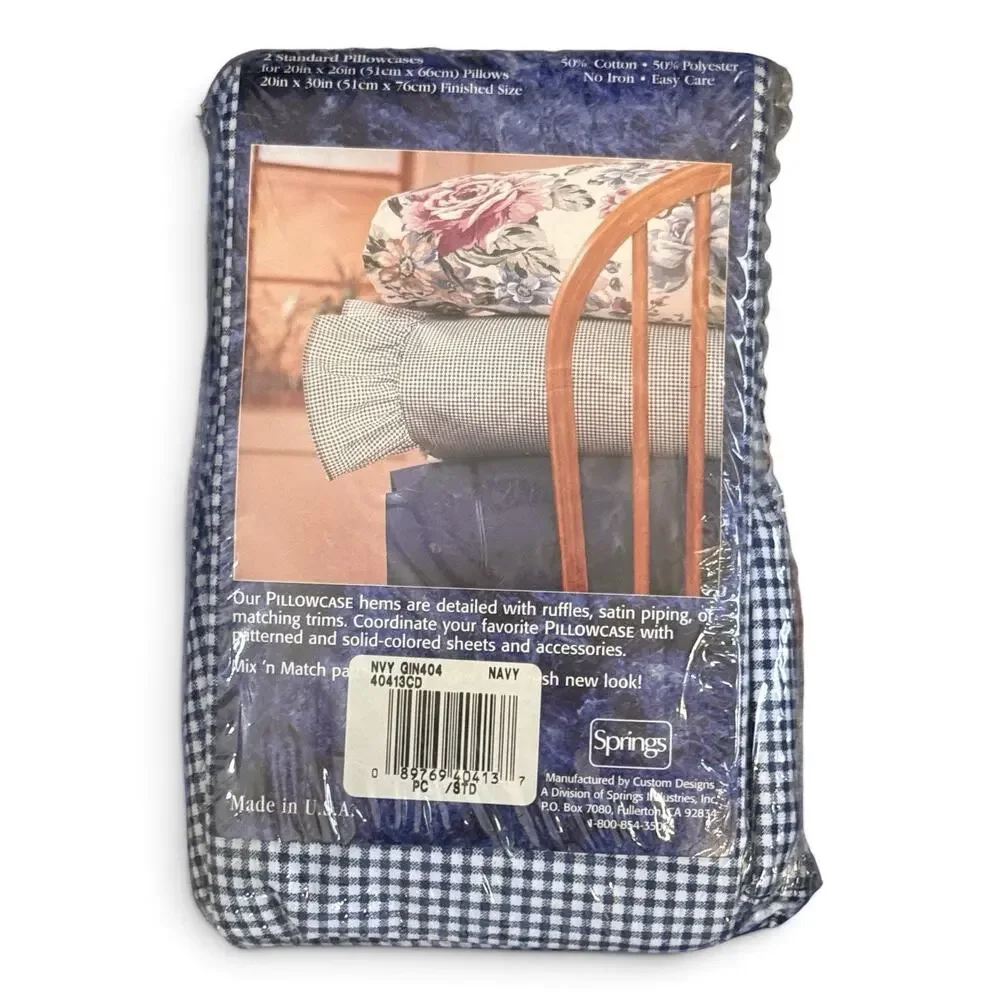 Vtg Springs Blue & White Gingham Check Pillowcases Ruffle Hem Standard Pair NEW